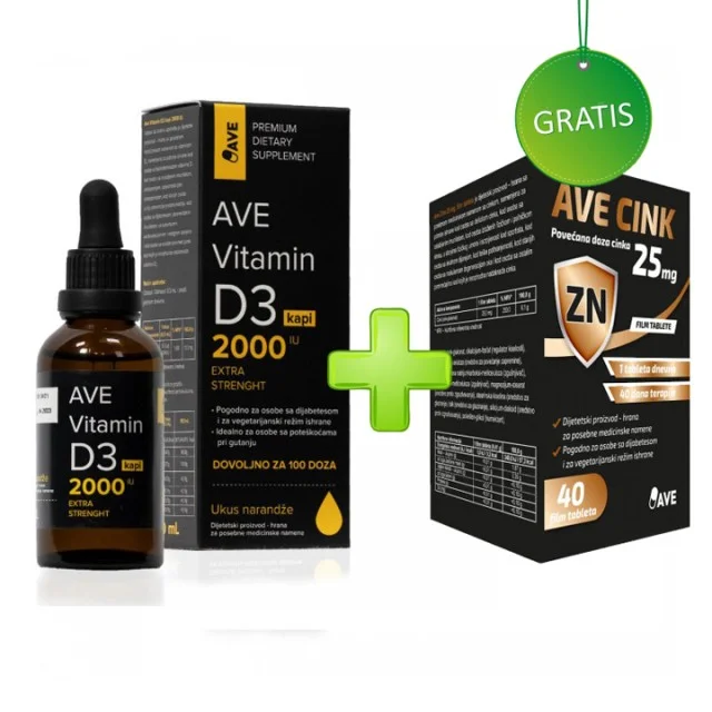 AVE VITAMIN D3 KAPI 2000 IU + AVE CINK 25mg GRATIS - Online Apoteka AVE VITAMIN D3 KAPI 2000 IU + AVE CINK 25mg GRATIS