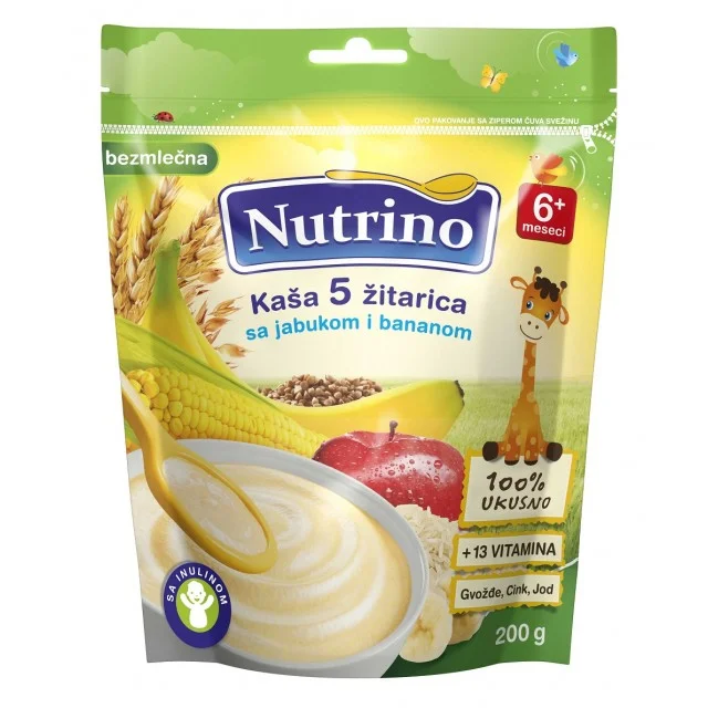 NUTRINO BEZMLEČNA KAŠA 5 ŽITARICA SA JABUKOM I BANANOM 200G - Online Apoteka NUTRINO BEZMLEČNA KAŠA 5 ŽITARICA SA JABUKOM I BANANOM 200G