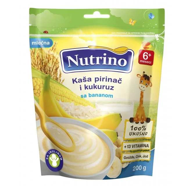 NUTRINO MLEČNA KAŠA PIRINAČ I KUKURUZ SA BANANOM 200G - Online Apoteka NUTRINO MLEČNA KAŠA PIRINAČ I KUKURUZ SA BANANOM 200G